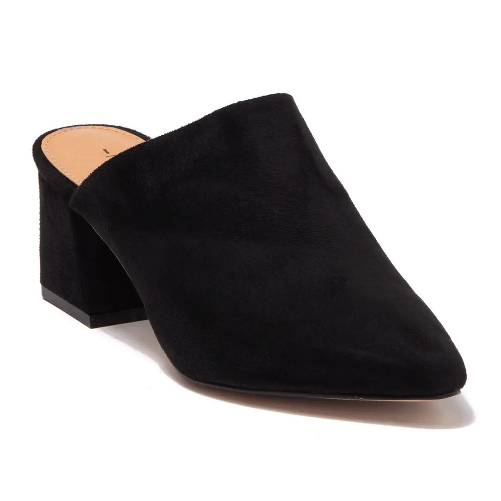 Black faux suede mules